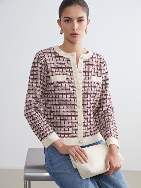 Moudda LC Waikiki - Cardigan tricot épais Femme Jacquar de bordeaux - Tunisie 1