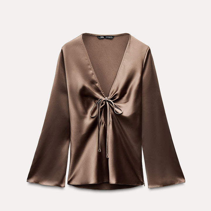 Moudda ZARA - Chemise satinée manches longues col en V drapé nœud - Tunisie 1