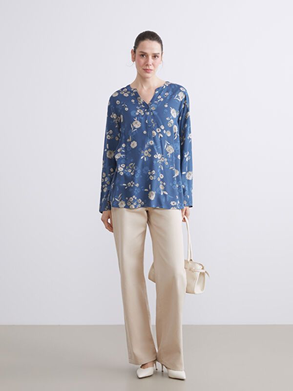 Moudda LC Waikiki - Blouse tissée imprimée manches longues Femme Imprimé bleu marine clair - Tunisie 2