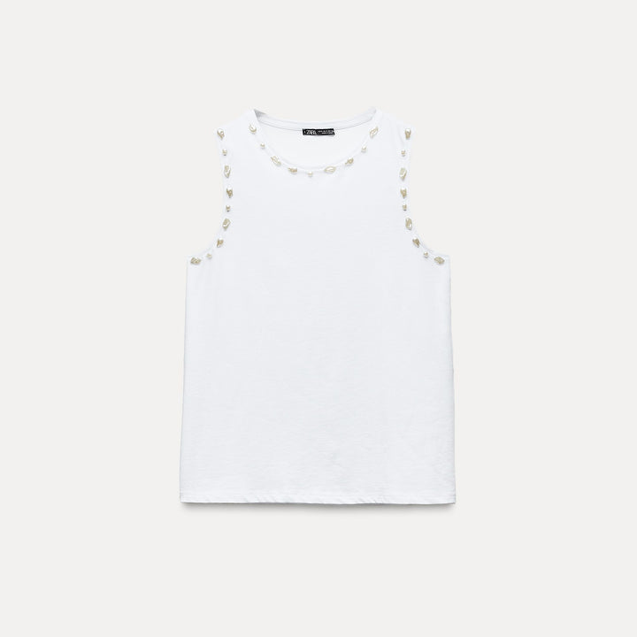 Moudda ZARA - T-shirt coton, manches courtes, perles et finitions - Tunisie 1