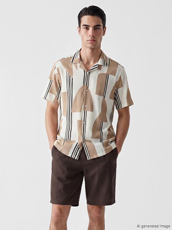 Moudda LC Waikiki - Chemise imprimée manches courtes en tissu pour Homme couleur Beige imprimé - Tunisie 1