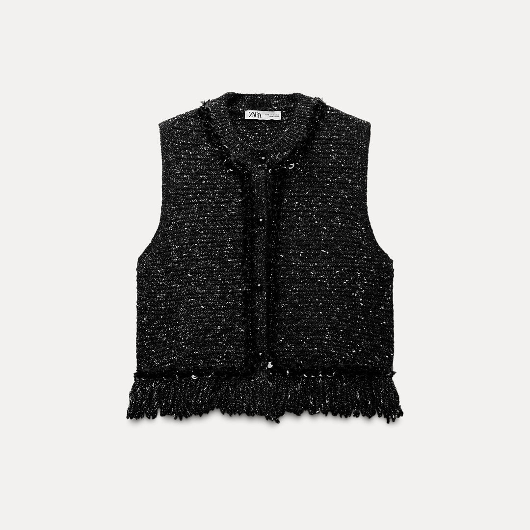 Moudda ZARA - Gilet col en V fil fantaisie finitions ourlet franges - Tunisie 1