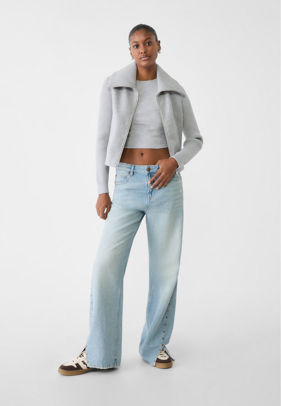 Moudda STRADIVARIUS - T-Shirt Crop Basique Manche Courte Coton Gris Chiné Grandes Surfaces - Tunisie 3