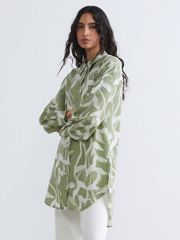 Moudda LC Waikiki - Tunique manches longues en tissu pour Femme couleur Vert terne imprimé - Tunisie 1