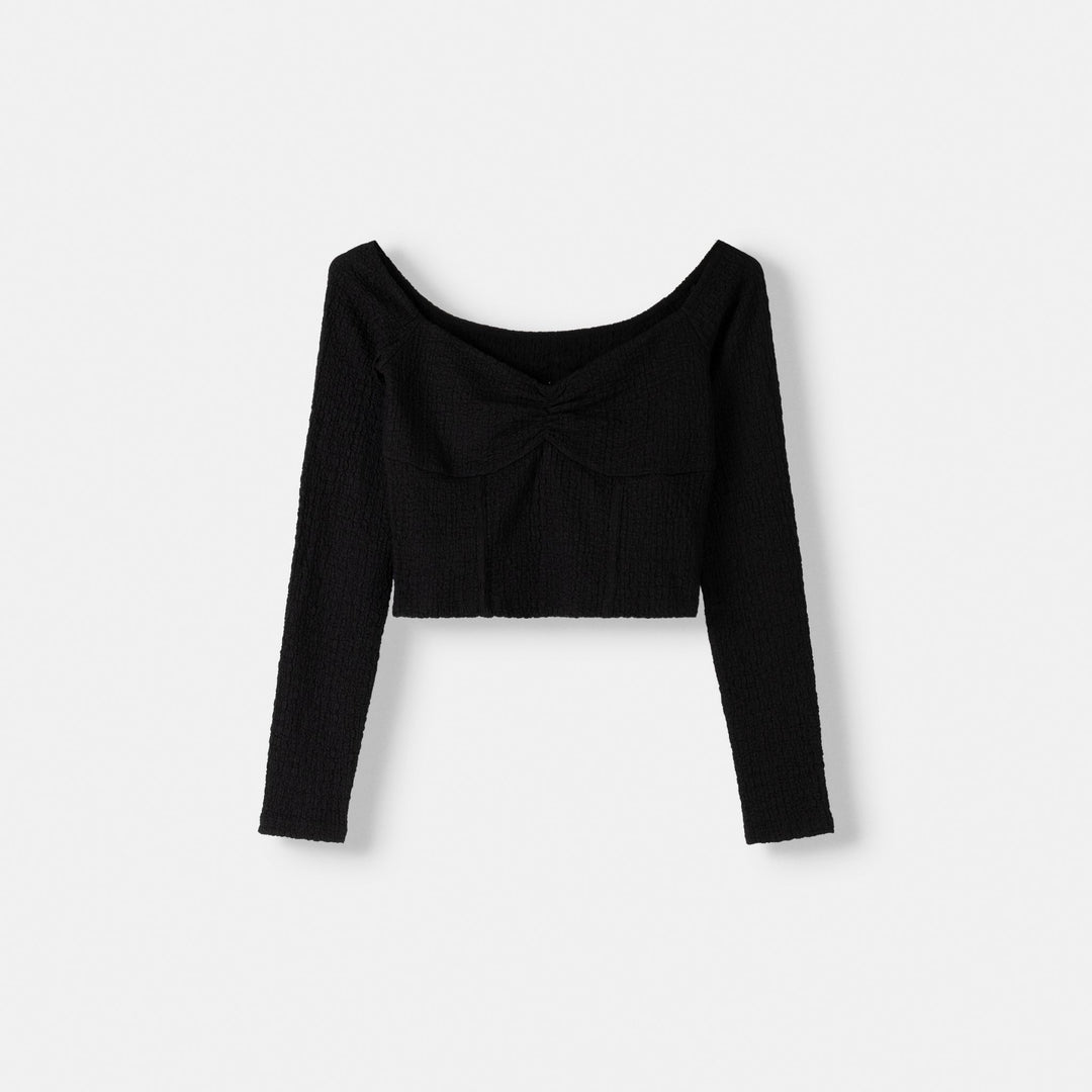 Moudda BERSHKA - T-shirt Manches Longues Col V Gaufré - Tunisie 1