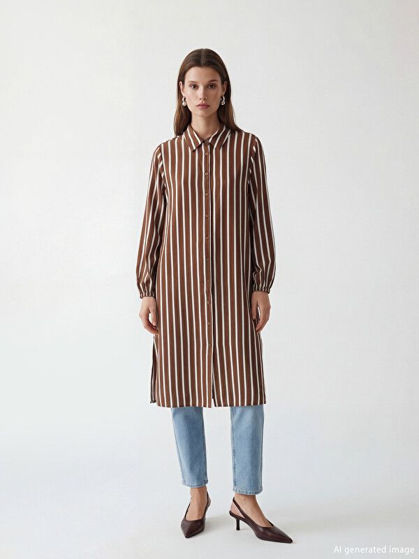 Moudda LC Waikiki - Tunique manches longues en tissu pour Femme couleur Marron rayé - Tunisie 2