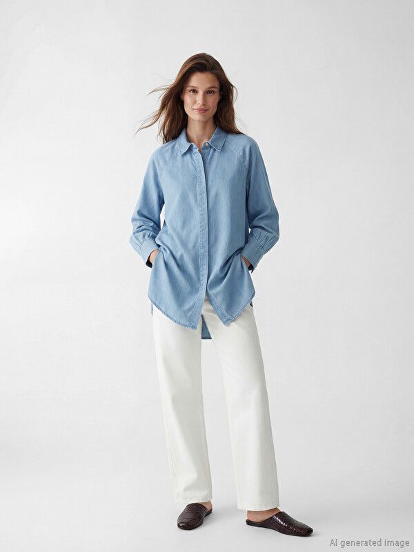 Moudda LC Waikiki - Tunique manches longues en jean pour Femme couleur Bleu indigo clair rodé - Tunisie 2
