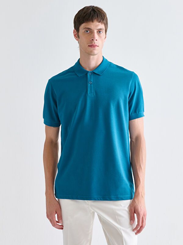 Moudda LC Waikiki - T-shirt col polo basique manches courtes en jersey couleur Bleu pétrol pour hommes - Tunisie 1