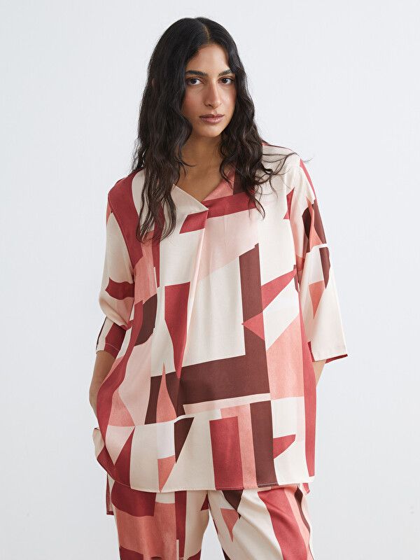 Moudda LC Waikiki - Tunique manches longues en tissu pour Femme couleur Marron imprimé - Tunisie 1
