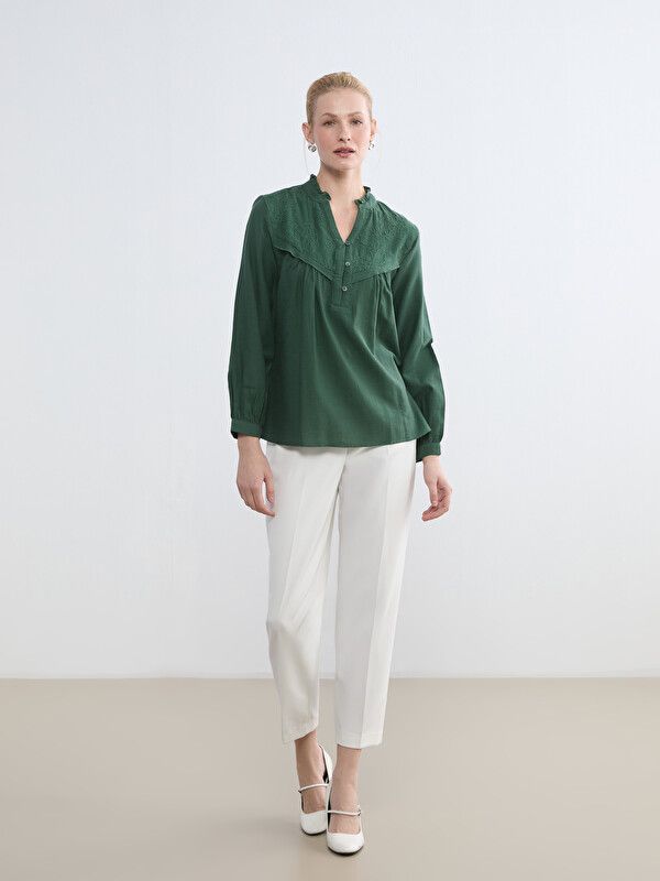 Moudda LC Waikiki - Chemisier (blouse) manches longues en tissu pour Femme couleur Vert foncé - Tunisie 2