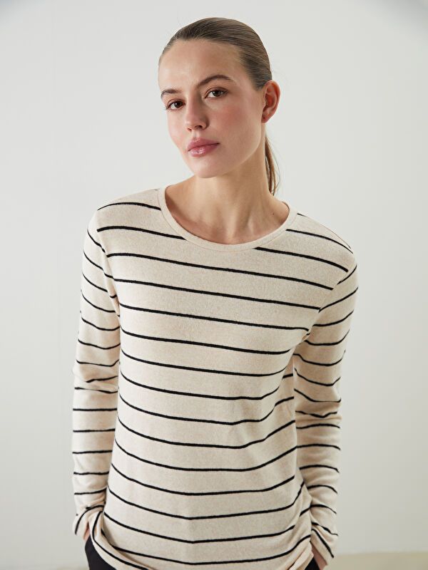 Moudda LC Waikiki - Body jersey manches longues Femme Ecru rayé - Tunisie 1