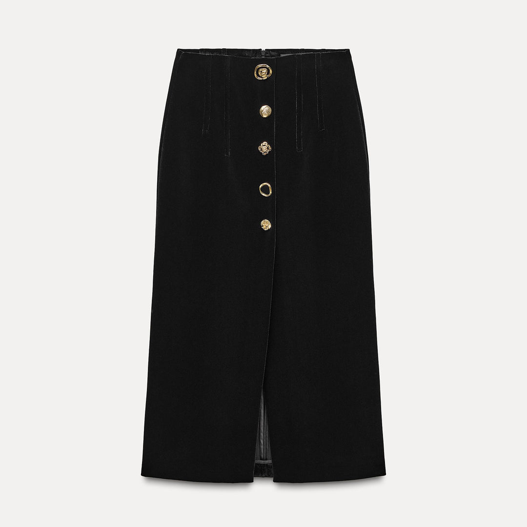 Moudda ZARA - Jupe mi-longue tubulaire velours boutons dorés - Tunisie 1