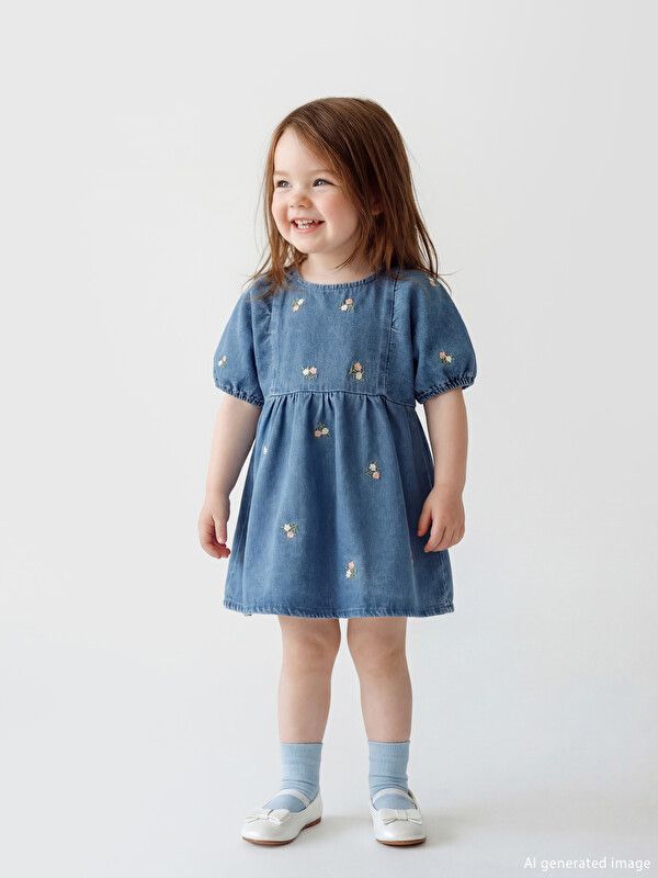 Moudda LC Waikiki - Robe manches courtes en tissu pour Fille couleur Bleu denim - Tunisie 1