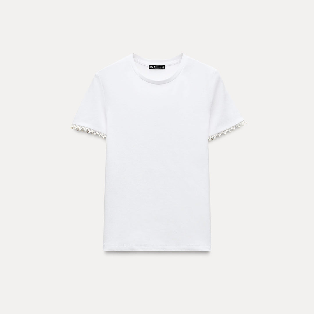 Moudda ZARA - T-shirt col rond perle, manches travaillées - Tunisie 1
