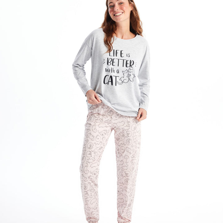 Moudda LC Waikiki - Pyjama en jersey manches longues Femme Imprimé rose - Tunisie 1