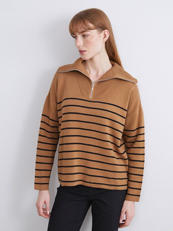 Moudda LC Waikiki - Pull épais en tricot couleur Marron clair rayé pour femmes - Tunisie 1