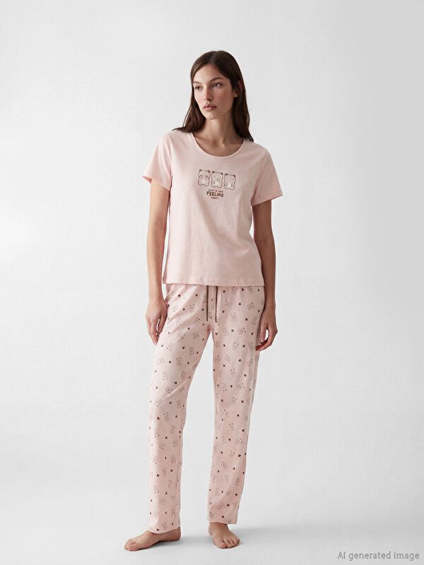 Moudda LC Waikiki - Pyjama manches courtes en jersey pour Femme couleur Rose imprimé - Tunisie 1
