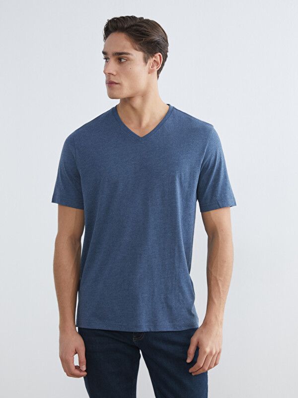 Moudda LC Waikiki - T-shirt col V manches courtes en jersey pour Homme couleur Indigo mélangé - Tunisie 1