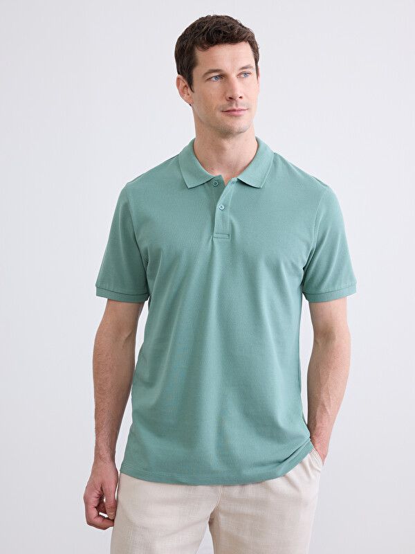 Moudda LC Waikiki - T-shirt col polo basique manches courtes en jersey pour Homme couleur Vert terne - Tunisie 1
