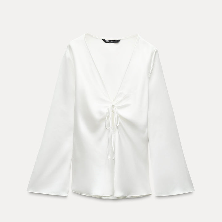 Moudda ZARA - Chemise satinée manches longues col en V drapé nœud - Tunisie 1