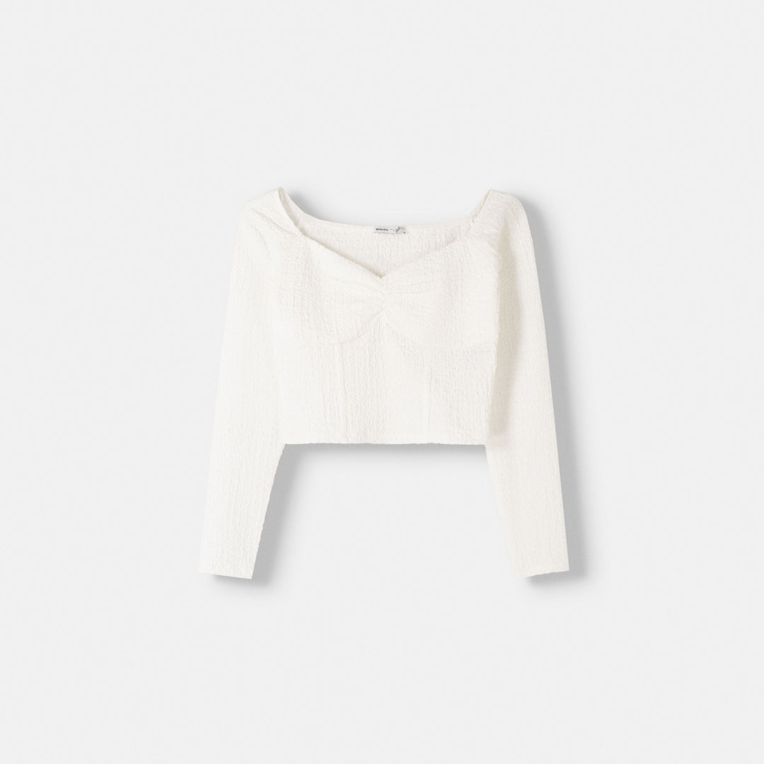 Moudda BERSHKA - T-shirt Manches Longues Col V Gaufré - Tunisie 1