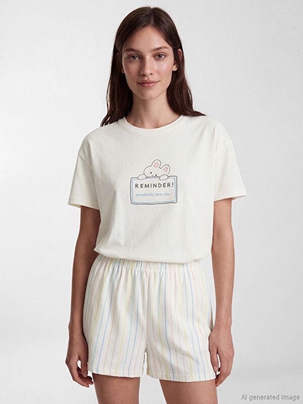 Moudda LC Waikiki - Short-Capri manches courtes pour Femme couleur Crème imprimé - Tunisie 1