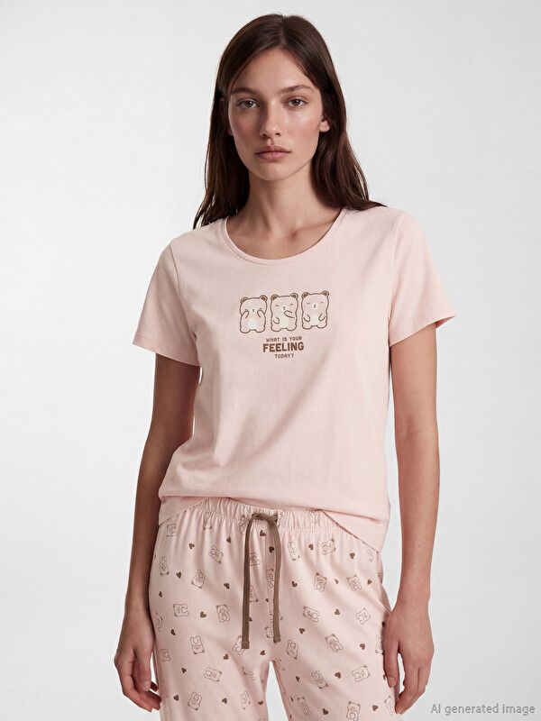 Moudda LC Waikiki - Pyjama manches courtes en jersey pour Femme couleur Rose imprimé - Tunisie 2