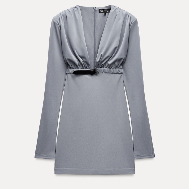 Moudda ZARA - Robe courte en maille, décolleté en V drapé, ceinturée - Tunisie 1