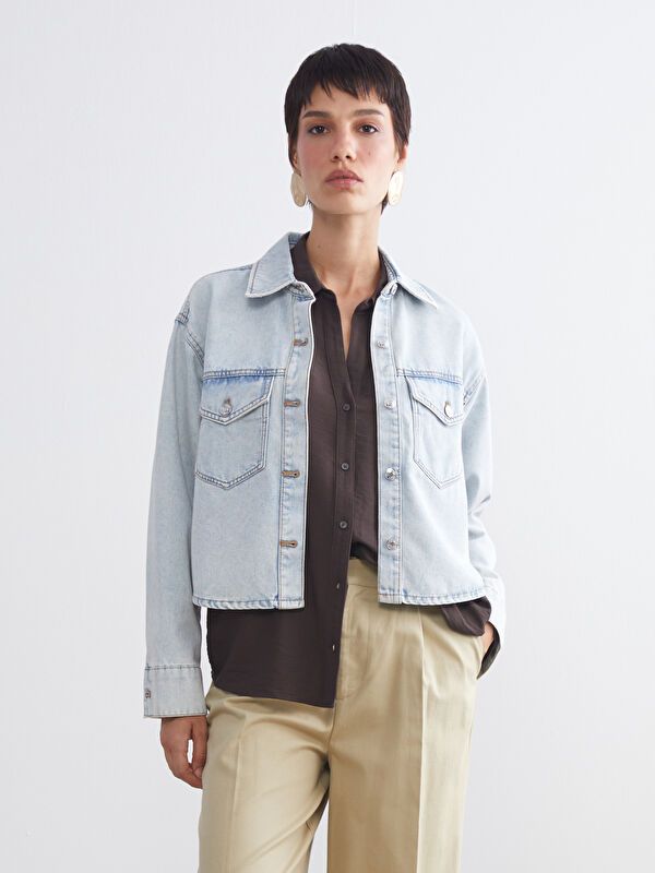 Moudda LC Waikiki - Chemise tissée manches longues en denim Femme Canne indigo clair - Tunisie 1