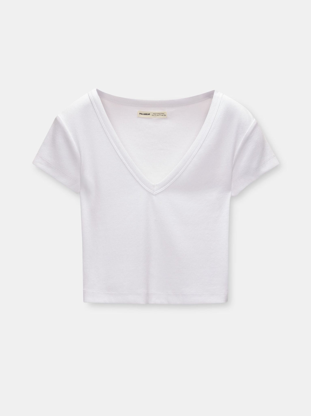 Moudda PULL & BEAR - T-Shirt Basique Crop Côtelé Encolure V Blanc - Tunisie 3