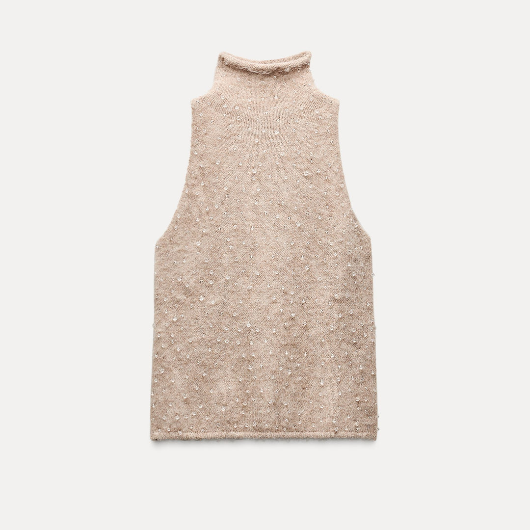 Moudda ZARA - Haut manches courtes maille bouclée, col Perkins, perles - Tunisie 1