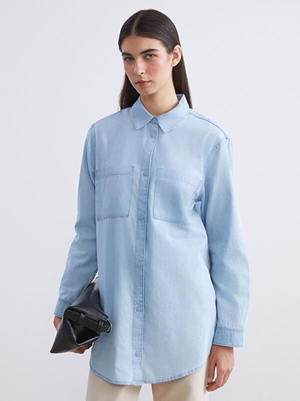 Moudda LC Waikiki - Tunique tissée manches longues denim Femme Canne indigo clair - Tunisie 1