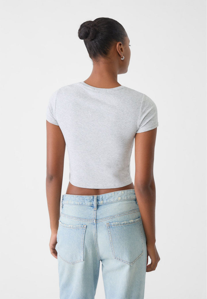 Moudda STRADIVARIUS - T-Shirt Crop Basique Manche Courte Coton Gris Chiné Grandes Surfaces - Tunisie 5