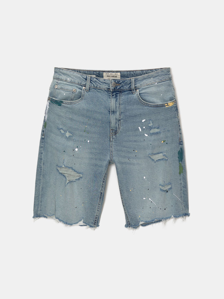 Moudda PULL & BEAR - Bermuda Denim Slim Déchiré Peinture - Tunisie 3