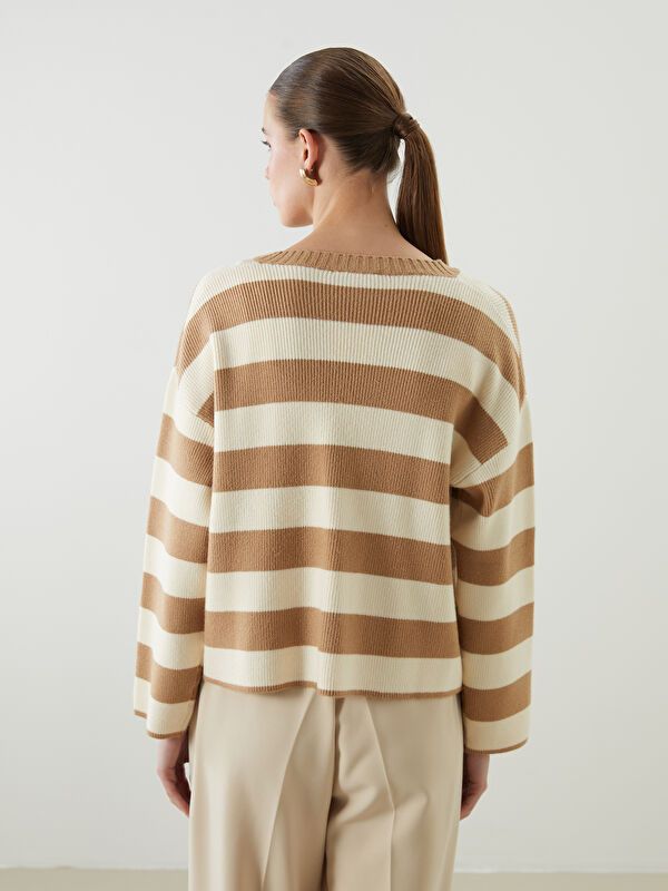 Moudda LC Waikiki - Cardigan tricot moyen Femme Rayures beiges - Tunisie 4