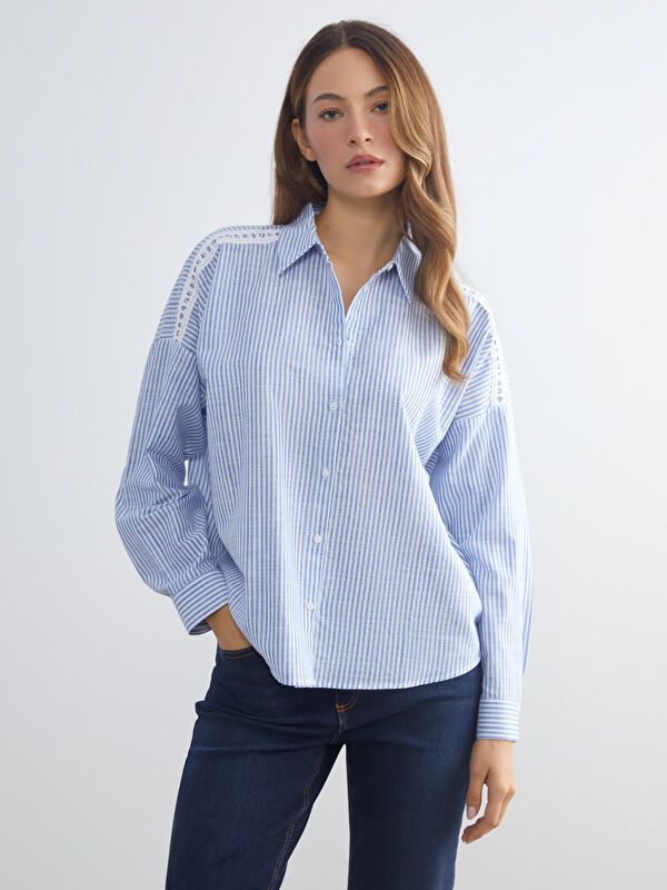 Moudda LC Waikiki - Chemise tissée manches longues Femme Rayures bleues - Tunisie 1