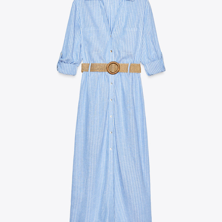 Moudda ZARA - Robe Midi Chemisier - Lin Rayé & Ceinture - Tunisie 1