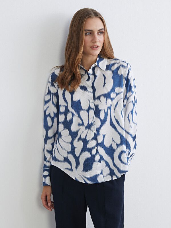 Moudda LC Waikiki - Chemise imprimée manches longues en tissu pour Femme couleur Bleu marine imprimé - Tunisie 1