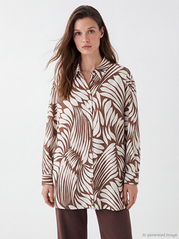 Moudda LC Waikiki - Tunique manches longues en tissu pour Femme couleur Marron imprimé - Tunisie 1