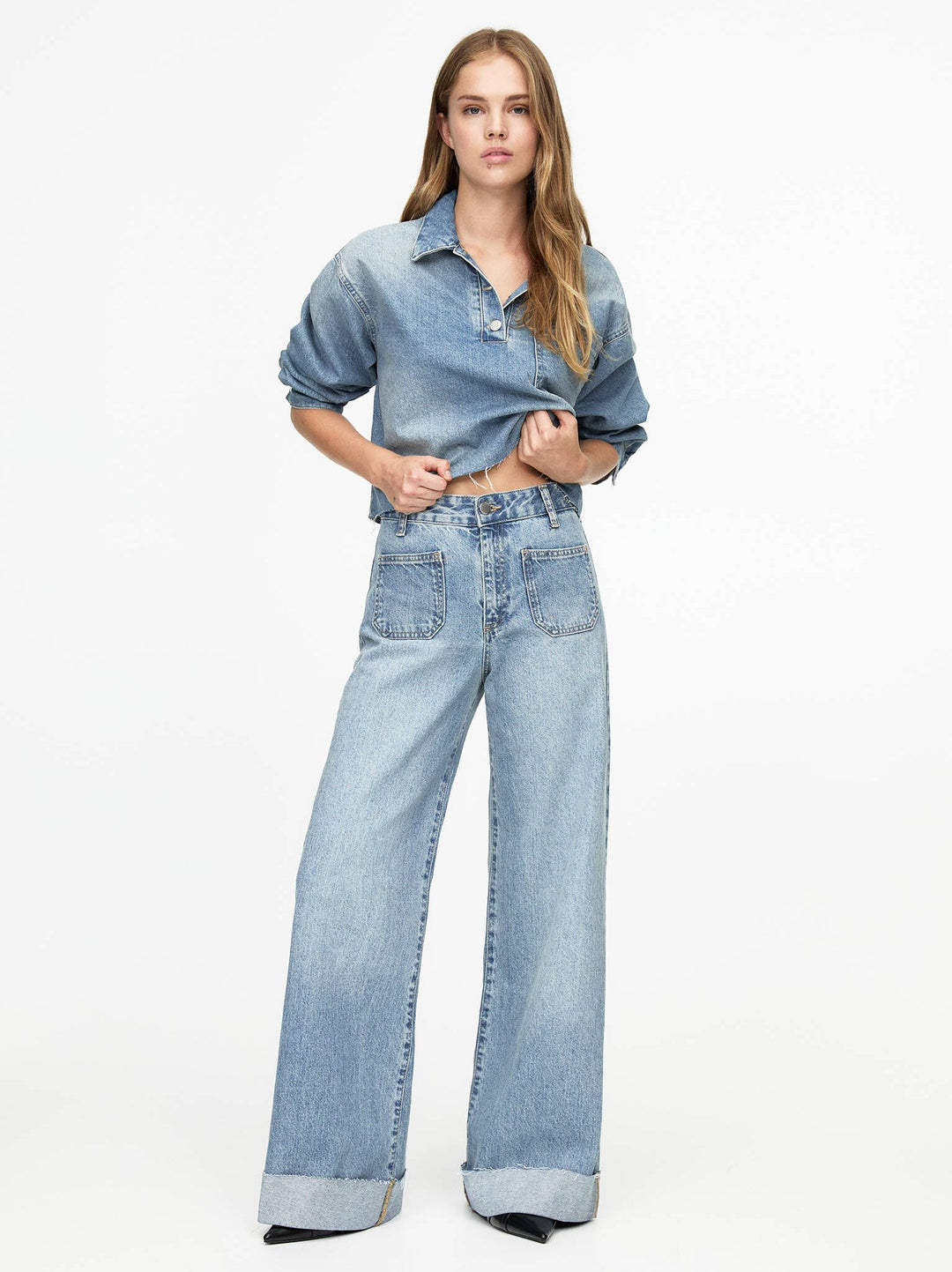 Moudda PULL & BEAR - Pantalon Denim Jambe Large Poches Plastron - Tunisie 5