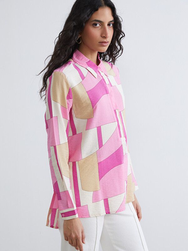 Moudda LC Waikiki - Chemisier (blouse) manches longues en tissu pour Femme couleur Rose imprimé - Tunisie 1