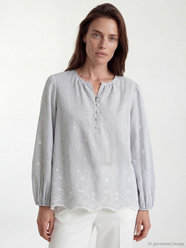 Moudda LC Waikiki - Chemisier (blouse) manches longues en tissu pour Femme couleur Bleu rayé - Tunisie 1