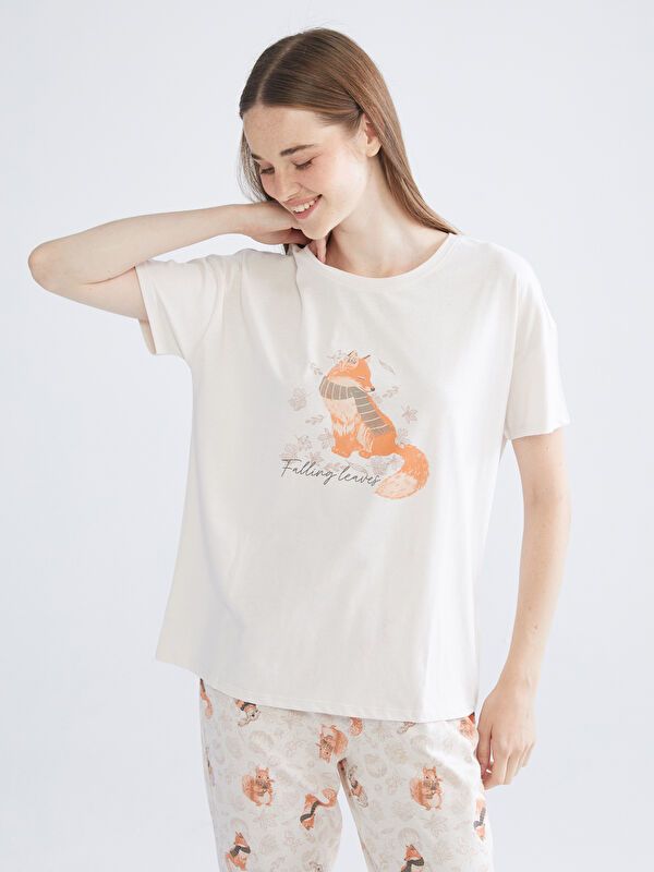 Moudda LC Waikiki - Pyjama jersey manches courtes Femme Crème imprimée - Tunisie 2