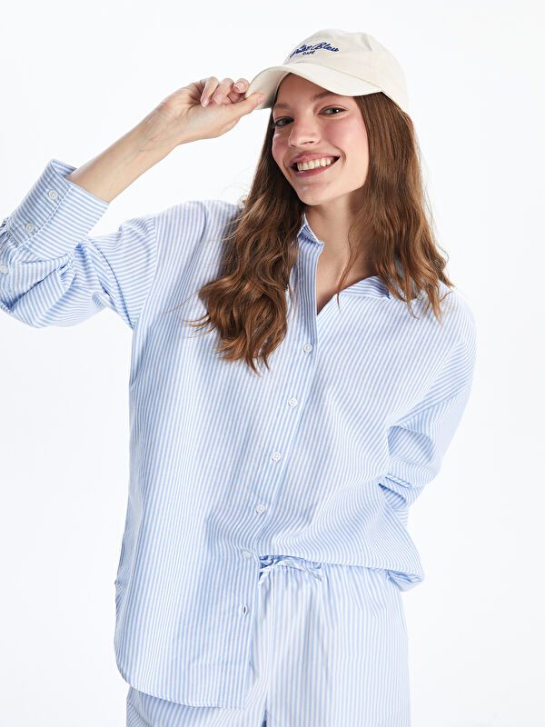 Moudda LC Waikiki - Chemise tissée manches longues Femme Bande bleu clair - Tunisie 1