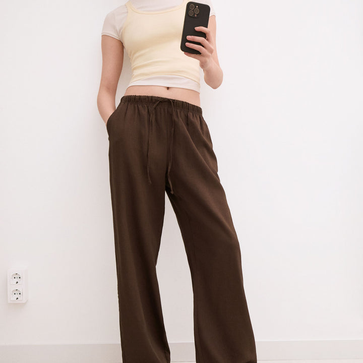 Moudda BERSHKA - Pantalon Lin - Détail Élastique Taille (Marron) - Tunisie 1