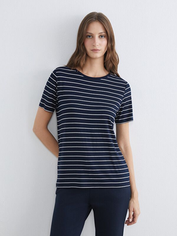 Moudda LC Waikiki - Body basique manches courtes en jersey pour Femme couleur Bleu marine rayé - Tunisie 1