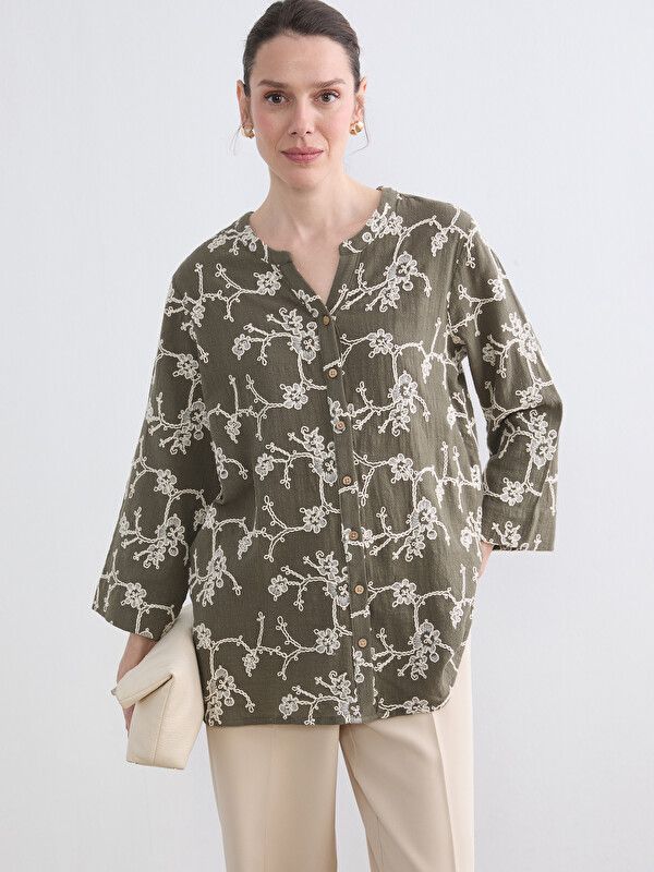 Moudda LC Waikiki - Chemisier (blouse) manches longues en tissu pour Femme couleur Vert kaki - Tunisie 1