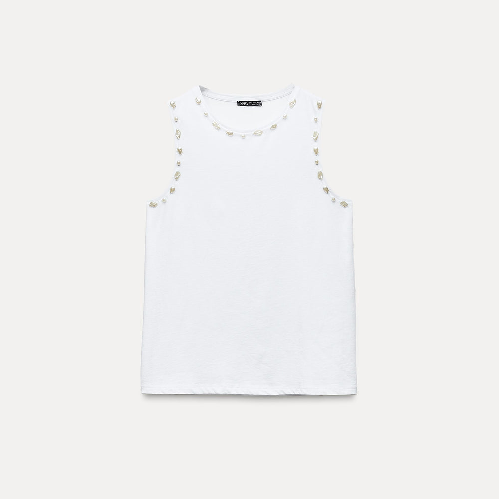 Moudda ZARA - T-shirt coton, manches courtes, perles et finitions - Tunisie 2