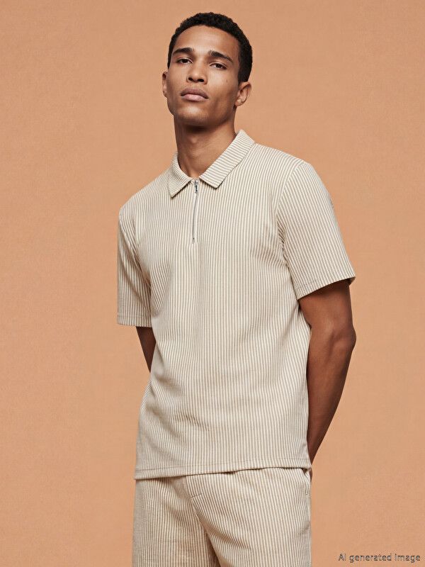 Moudda LC Waikiki - T-shirt en jersey à manches courtes pour Homme couleur Beige rayé - Tunisie 1