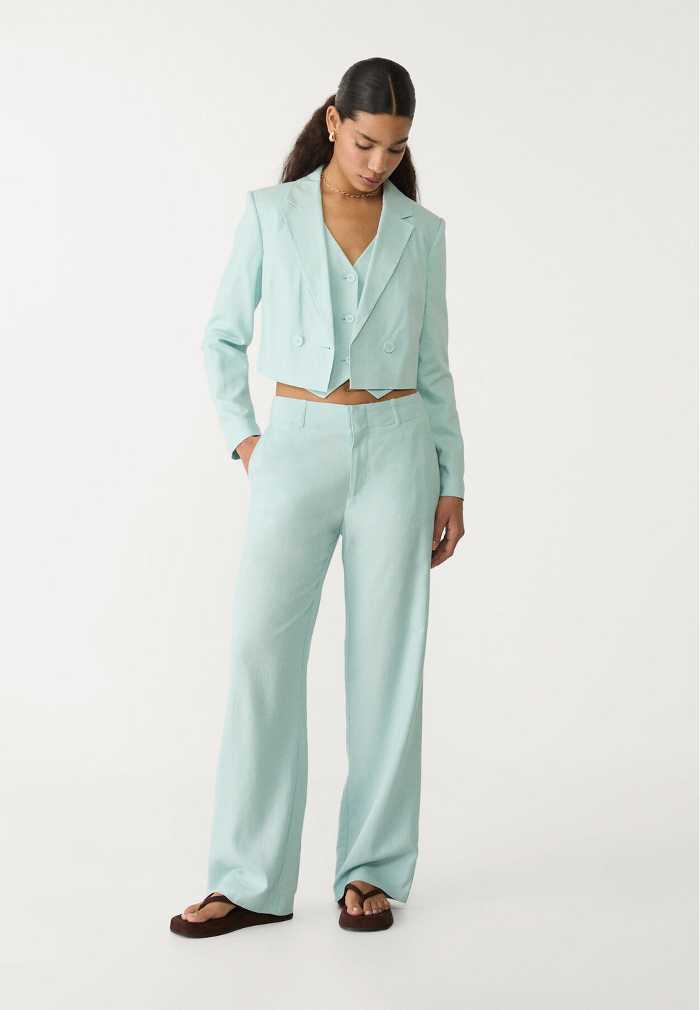 Pantalon Droit Fluide Lin - Turquoise - Tunisie2